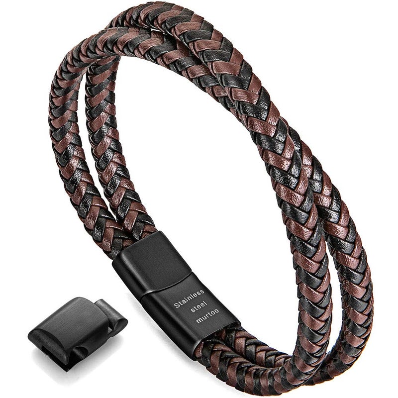 murtoo Mens Bracelet Leather Braided, Brown and Black Leather Bracelet for Men - Image 1